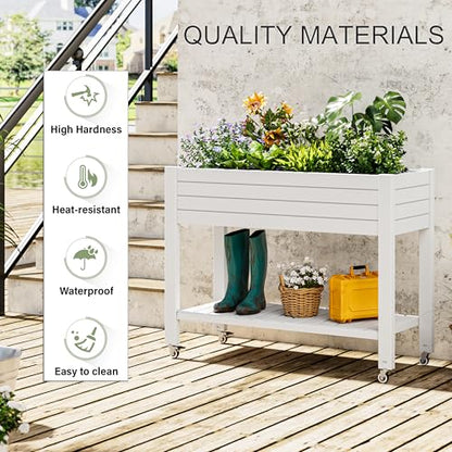 Raised Garden Bed with Shelf, Rolling Resin Planter Box, Ashen - color: Ashen, size: 33.7" H