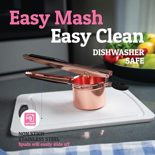 PriorityChef Large 15oz Potato Ricer, Heavy Duty Stainless Steel Potato Masher and Ricer Kitchen Tool, Press and Mash Kitchen Gadget For Perfect Mashed Potatoes - Everytime, Rose Gold and Black - color: Rose Gold Black