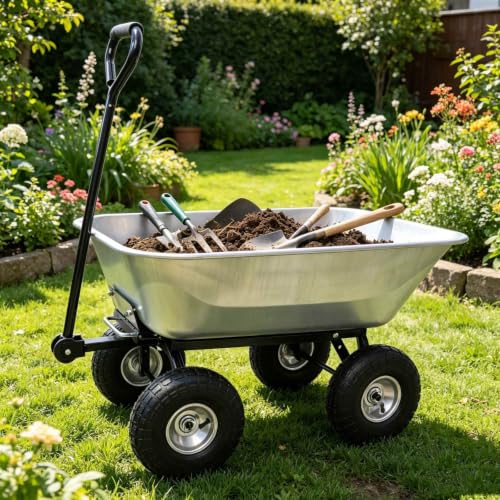300LB Steel Garden Dump Cart 4-Wheel Wagon Poly Tray 55L Silver Tilting Bed