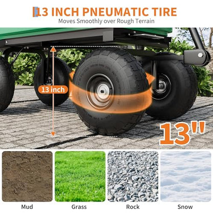 Heavy Duty Garden Dump Cart 1200lb Capacity, 6 Cu.Ft Steel Frame & Polypropylene Yard Wagon with 180° Pivoting Handle, All Terrain Wheels for Farm, Gardening and Outdoor Work