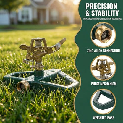 Impact Lawn Sprinkler, 360 Rotating Pulsating Metal Base for Yard & Garden
