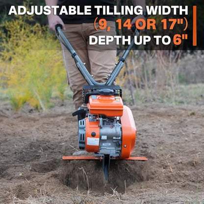 NOVUS 2-in-1 Gas Tiller for Gardening, 4-Cycle Front Tine Tiller Cultivator,9"-17" Tool-Free Tilling Width Adjustment, 24 Steel Tines, Never-Flat Wheels, 79CC Garden Tiller for Lawn, Soil Cultivation