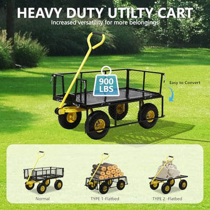 Steel Garden Cart, 2-in-1 Heavy Duty Utility Wagon 900 LBS Capacity Carts with Removable Mesh Sides to Convert into Flatbed, 240° U-Turn 10" Pneumatic Tires Garden Wagon for Lawn Camping Farm Yard - color: Yellow