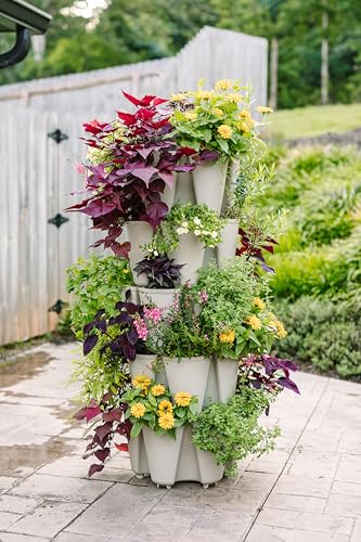 Greenstalk Patented Large 5 Tier Vertical Garden Planter with Patented Internal Watering System Great for Growing a Variety of Strawberries, Vegetables, Herbs, & Flowers (Stunning Stone) - color: Stunning Stone
