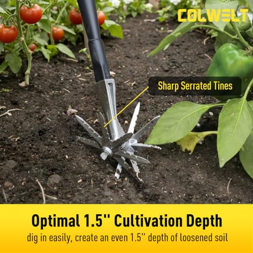 Colwelt Manual Rotary Cultivator, Single-Tine Aluminum Cultivators for Gardening, Garden Hand Tiller Manual with Ergo Wooden t-Handle, Hand Held Cultivator Tool For Flower Beds Cultivate, Aerate, Weed