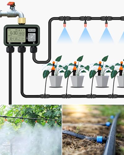 3 Zone Brass Sprinkler Timer, Garden Hose Timer, Automatic Irrigation System, Programmable Faucet, 3 Outlets, with Rain Delay, Manual Mode,Child Lock, for Yard, Garden, Lawn, Green E13WT06