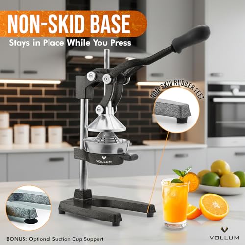 Manual Fruit Juicer,Commercial Grade Home Citrus Lever Squeezer for Oranges, Lemons, Limes, Grapefruits and More,Stainless Steel and Cast Iron,Non-skid Suction Cup Base,15 Inch,Black,by Vollum - color: Black