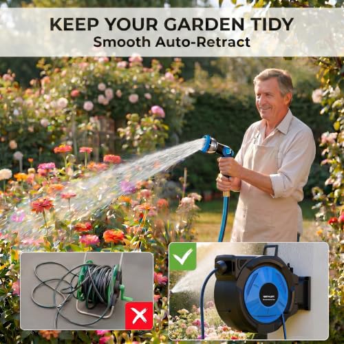 Homdox Retractable Garden Hose Reel 5/8 in x 82ft, Wall Mounted Automatic Water Hose Reel, 10 Pattern Nozzle, Auto Rewind and Lock at Any Length, 180°Swivel Bracket, UV Resistant - size: 5/8'' 82FT