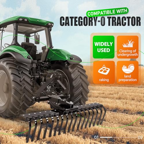 KUAFU 50" 3 Point Landscape Rake for Category-0 Cat-0 Tractor with 360 - style: Black
