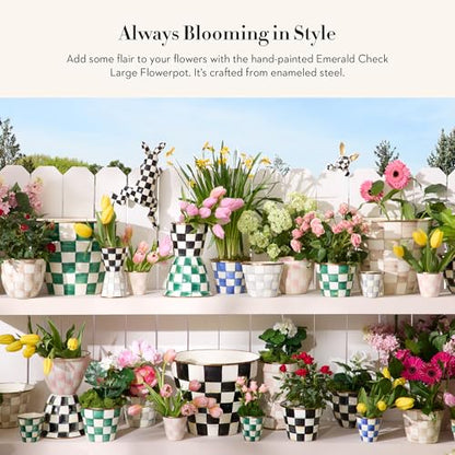 MACKENZIE-CHILDS Enamel Flowerpot, Green-and-White Emerald Check