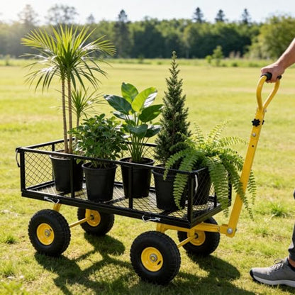 Garden Cart Steel Heavy Duty, 900LBS Capacity, Pullable Metal Yard Lawn Cart with 10 inch Wheels and Handle, Attach to ATV Or Tractor for Gardening Soil Tools Plant Transport, Black