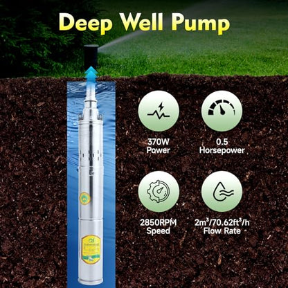 DYRABREST 24V DC Deep Well Submersible Pump 0.5HP 370W Stainless Steel Borehole Pump with 213ft Head 70.62ft³/h Flow Water Pump for Home Agricultural Irrigation