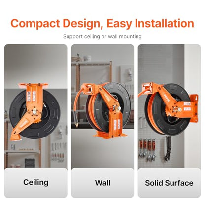 VEVOR Retractable Air Hose Reel with Double Arms, 3/8 IN x 65FT Hybrid Air Hose Max 300PSI, Air Compressor Hose Reel with 5FT Lead in, Ceiling/Wall Mount Heavy Duty Steel Reel for Workshop Garage - size: 3/8 in x 65 ft
