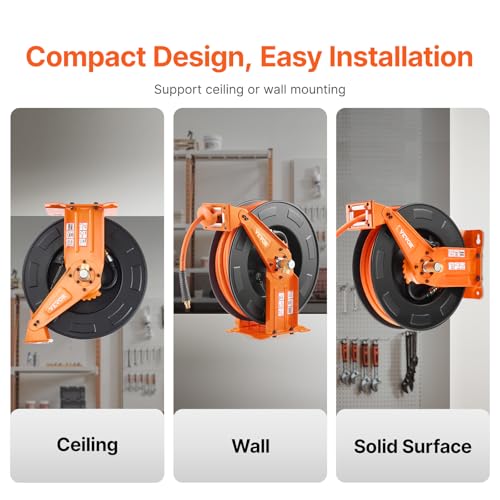 VEVOR Retractable Air Hose Reel with Double Arms, 3/8 IN x 65FT Hybrid Air Hose Max 300PSI, Air Compressor Hose Reel with 5FT Lead in, Ceiling/Wall Mount Heavy Duty Steel Reel for Workshop Garage - size: 3/8 in x 65 ft