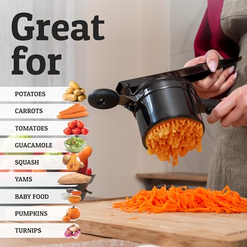 PriorityChef Large 15oz Potato Ricer, Heavy Duty Stainless Steel Potato Masher and Ricer Kitchen Tool, Press and Mash Kitchen Gadget For Perfect Mashed Potatoes - Everytime, All Black - color: Black/Black