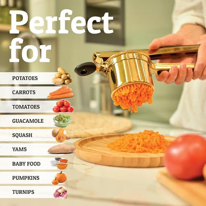PriorityChef Large 15oz Potato Ricer, Heavy Duty Stainless Steel Potato Masher and Ricer Kitchen Tool, Press and Mash Kitchen Gadget For Perfect Mashed Potatoes - Everytime, Gold and Black - color: Gold