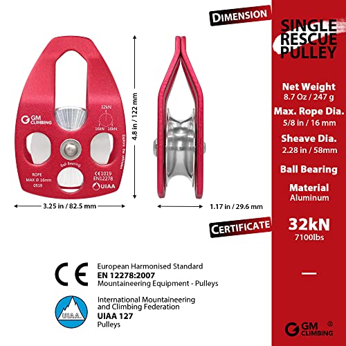 GM CLIMBING Large Rescue Pulley 32kN Single Sheave with Swing Plate CE UIAA Certified - color: Red | 2 Pack