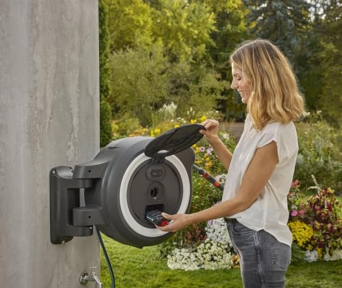 Gardena Battery-Powered Wall-Mounted Hose Box PowerRoll XL: 35m Garden Hose, Automatic Roll-Up, Black