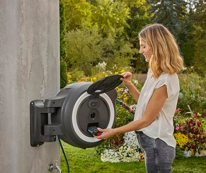 Gardena Battery-Powered Wall-Mounted Hose Box PowerRoll XL: 35m Garden Hose, Automatic Roll-Up, Black