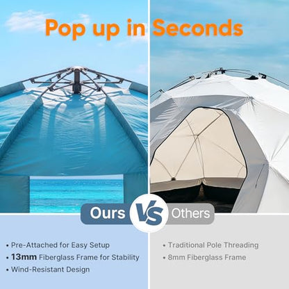 Golabs BT1 Pop up Beach Tent for 3 Person, 1-Min Setup by Pre-Attached Pole - color: BLUE