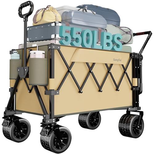SUNNYFEEL 550LBS Collapsible Wagon Cart - Heavy Duty Push Pull Foldable Wagon with Dual Handles and Big Wheel,Utility Cart with Rear Tailgate for Camping, Fishing, Gardening, Shopping, Grey - color: Brown