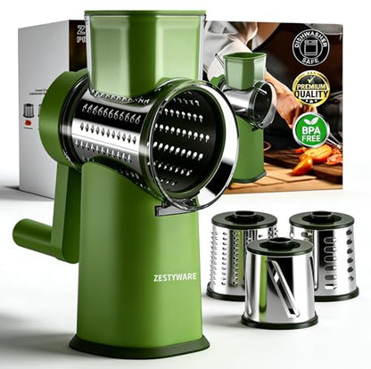 Rotary Cheese Grater Hand Crank with Foldable Handle, Three Blades - color: Green
