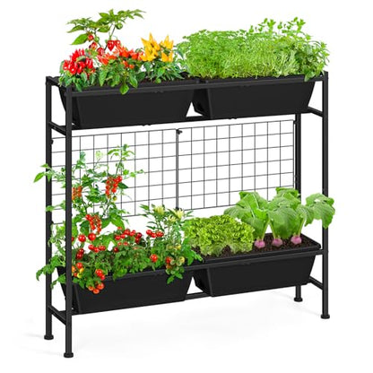 OYEAL Raised Garden Bed 32" Tall Elevated Planter Boxes with Trellis & Legs, Vertical Herb Garden Planter Outdoor for Gardening, Vegetables, Flowers, Herbs, Backyard, Black - color: Black