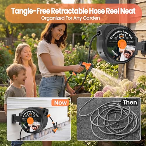 Retractable Garden Hose Reel, 50ft x 1/2", Wall Mounted, 10-Pattern Nozzle - size: 50FT