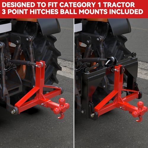 3 Point Trailer Hitch with 2” Receiver, Tri-Ball Hitch for Cat.1 Tractors - color: Red