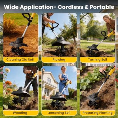 Cordless Tiller Cultivator Compatible with Dewalt 20V Battery(Tool Only), 9-Inch Tilling Width, 6.6-Inch Depth 360RPM Electric Brushless Tiller Garden Rototiller for Lawn/Gardening/Soil Cultivation