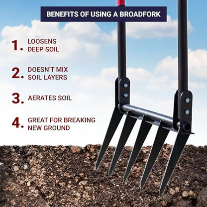 Bully Tools 5-Tine Broadfork, Fiberglass Handles, 56" 10-Gauge Steel Fork