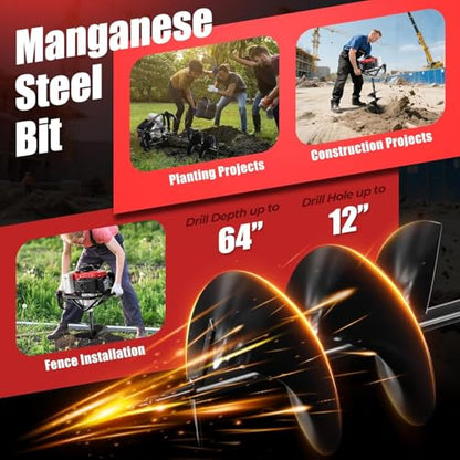 78CC Gas Powered Post Hole Digger, 4 Stroke Auger with 6&8 Inch Bits - color: Red 78cc+2 Auger(6"/8")