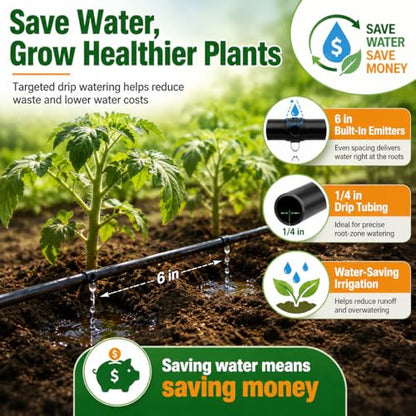 1/4 Drip Irrigation Tubing 100FT, Built-in 0.5 GPH Emitters, 6 Inch Spacing - size: 100FT