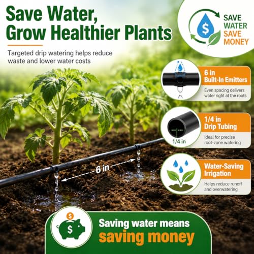 1/4 Drip Irrigation Tubing 200FT, Built-in 0.5 GPH Emitters, 6 Inch Spacing - size: 200FT