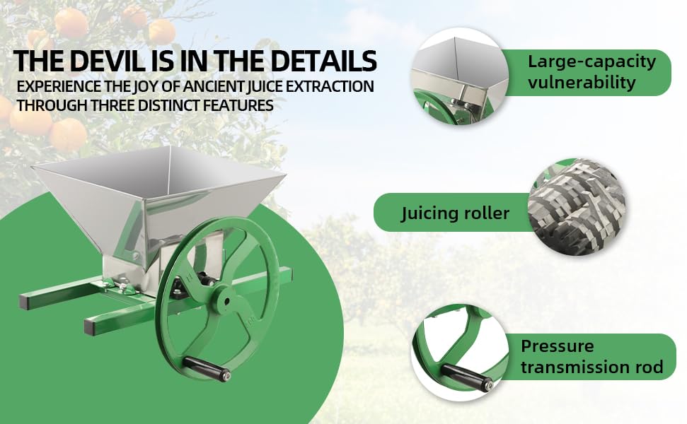 Master Manual Fruit Crusher, 7L/1.8 Gallon Capacity, Stainless Steel Construction, Green Frame, Wine and Apple Press with Juicing Roller
