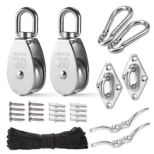 LAIWOO M20 Heavy Duty Stainless Steel Pulley Block, Rope and Hooks, 2 Pack - size: M20