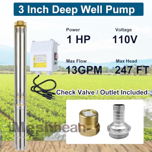 3" Deep Well Pump, 1HP 110v Submersible Well Pump with Control Box - style: 3" -1HP-110V-Brass