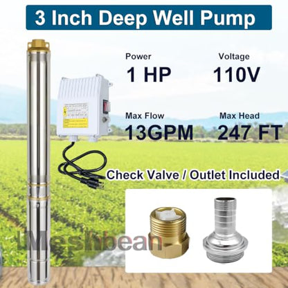 Submersible Well Pump,3" 1HP 110V Deep Well Pump with 100′Cord,Control Box - size: 3"-1HP-AC 110V + Control Box