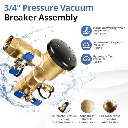 3/4 Inch Brass Backflow Preventer, Pressure Vacuum Breaker Assembly - size: 0.75 Inch