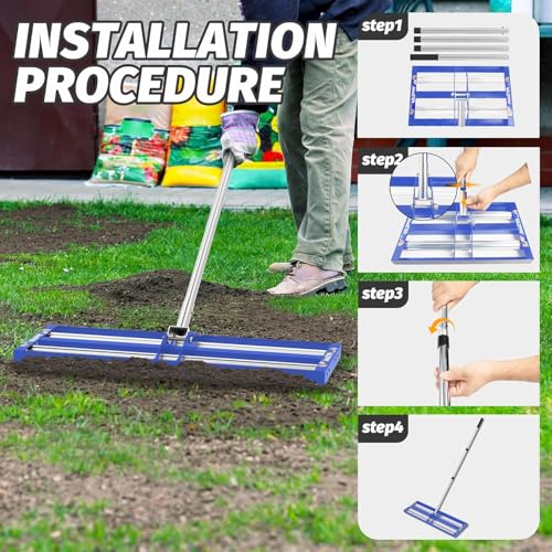 Updated Lawn Leveling Rake 40"x10", Lawn Leveler with Aluminum Rollers - size: 40''x10'' Blue