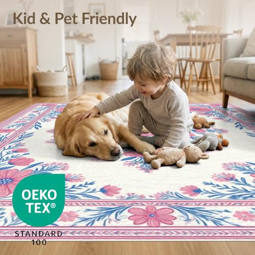 5'x7' Pink Toile Motif Way Flower Chinoiserie Washable Area Rug - color: Pink/Pattern 17, size: 5' x 7' (Rectangular)