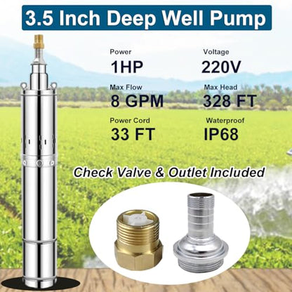 3.5" Deep Well Submersible Pump, 1HP 220V Deep Well Pump Submersible Water Pump for Industrial Irrigation and Home,33FT Power Cord, 328FT Lift, 8GPM, Screw Water Pump with Check Valve,Long Life - size: 3.5"-220V