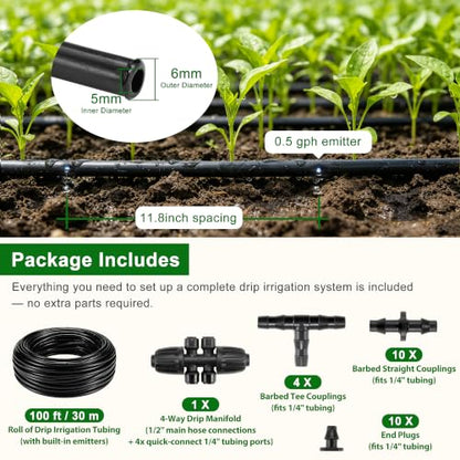 1/4“ Irrigation Tubing Kit (100 Ft), Built-in 0.5 GPH Emitters, 6” Spacing