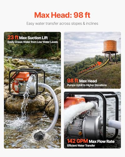 VEVOR Gas Powered Water Pump 2 Inch 142 GPM 7HP Semi Trash Pump Portable | for irrigation Ponds Pools, 98 ft Lift, 23 ft Suction, Gasoline Engine Water Transfer, Heavy Duty Frame, 25 ft Discharge Hose - size: 2in 7.0 HP 142 GPM