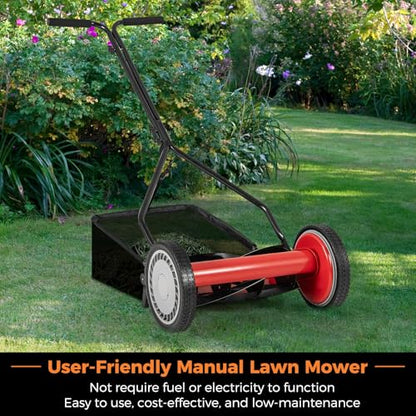 Push Lawn Mower, 14" Manual Rear Mower with 5 Steel Blades, Adjustable Cutting Heights & Grass Catcher Bag, Walk-Behind Grass Cutter Lawn Sweeper for Garden, Park & Yard (Red) - color: Red, size: 14"