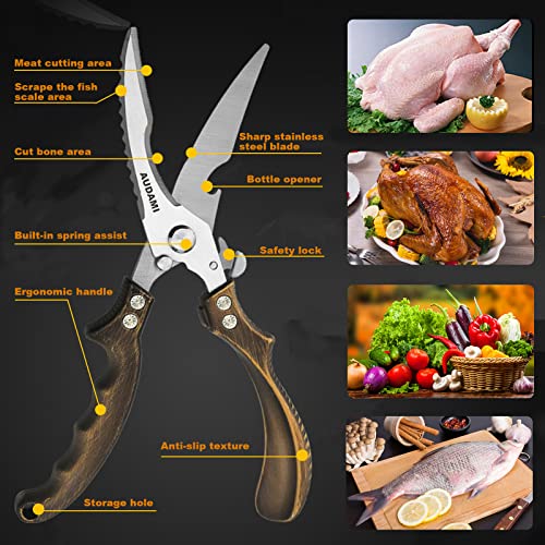 Premium Kitchen Shears 2-Pack Heavy Duty Poultry & Meat Scissors, Bone Shears for Cooking - color: Bronze+golden