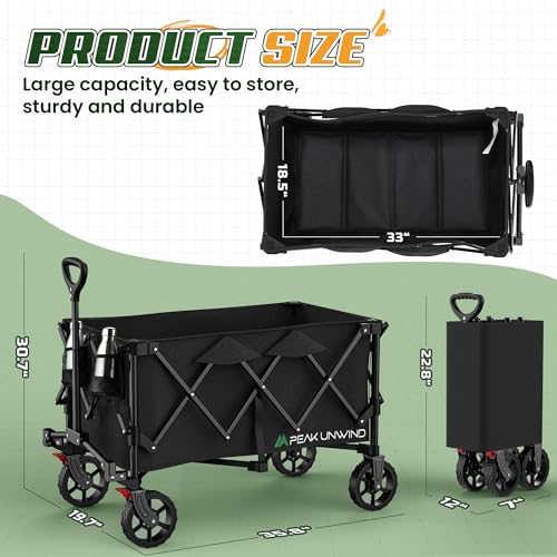 Wagons Carts Foldable,Collapsible Wagon with Wheels,450LBS Heavy Duty Beach Wagon Cart,Lightweight Portable Folding Utility Wagon Cart with Cup Holders for Camping, Garden, Sports, Grocery pcs - color: Black