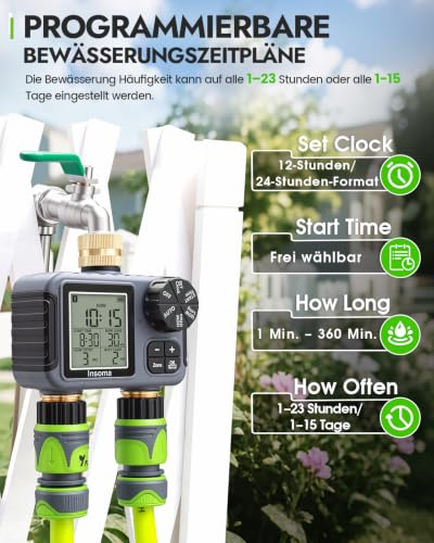 Insoma 2-Zone Sprinkler Timer Brass Inlet/Outlet, Water Hose Timer with Auto/Manual Modes + Rain Delay | Big LCD Dispay | Hose Timers for Garden, Yard Lawn, IPX5 Waterproof & Save Water - size: 2 Zone-V2.0-Brass