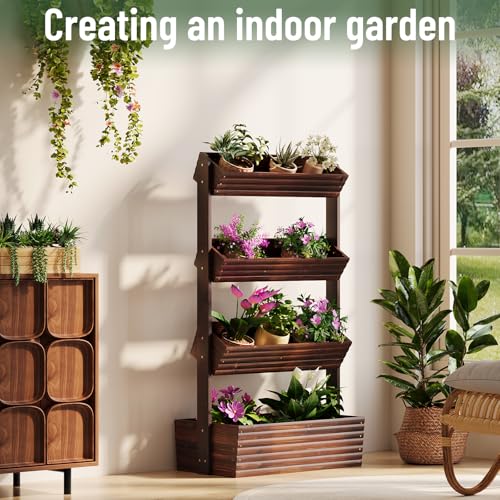 4-Tier Vertical Wooden Raised Garden Bed, herb garden planter, Carbonized - color: Carbonized, size: 4-Tier