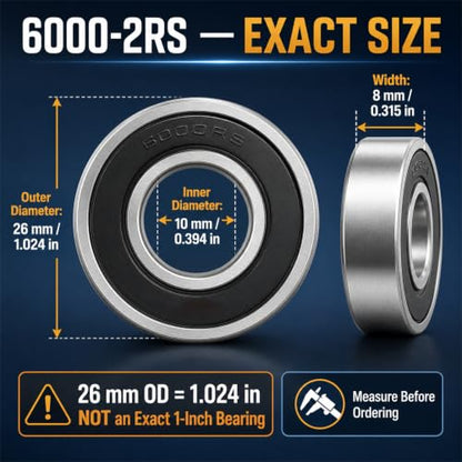 Jingzan 10 Pack 6000-2RS Deep Groove Ball Bearings, 10mm ID x 26mm OD x 8mm Width, Double Rubber Sealed, Pre-Lubricated Bearing Steel Bearings, P0 C0